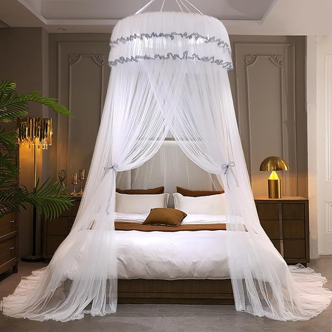 Kertnic Mosquito Net Bed Canopy for Girls, Princess Canopy Bed Curtain Fine Sheer Mesh Dome Bed Canopies, Kids & Adults Lace Tent for Twin Full Queen King Bed (White)