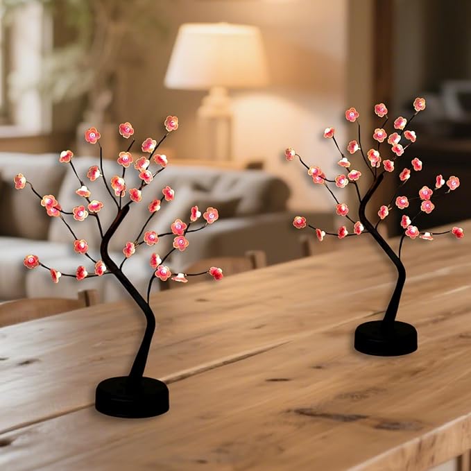 2 Pack Cherry Blossom Tree Lamp, 18inch 36 Led Bonsai Tree Lights, Battery/USB Operated Japanese Decor Night Lights for Bedroom Home Idea, Warm White