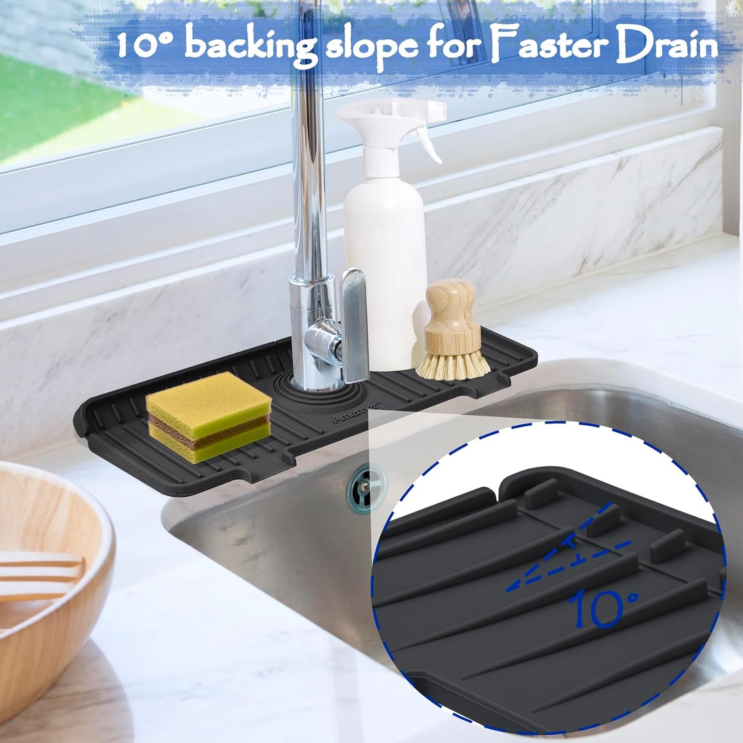 Kitchen Sink Splash Guard, 10° Large Slope & Adaptable Hole Faucet Mat for Kitchen Sink, Silicone Sink Organizer Sponge Holder for Kitchen, Bathroom, RV, Bar, 14.2” x 5.1”, Black