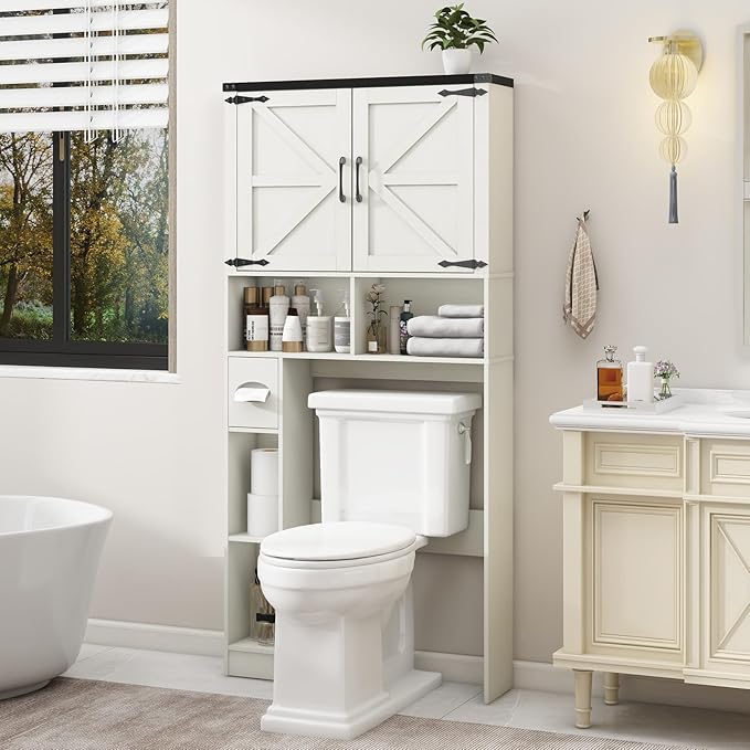 Over The Toilet Storage Cabinet, Farmhouse Storage Cabinet Over Toilet with 2 Barn Doors && Toilet Paper Holder Stand，Home Space-Saving Toilet Rack, for Bathroom, Laundry, Restroom.