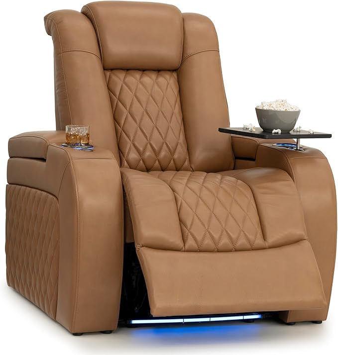 Seatcraft Diamante Zero-Gravity CoolZero Italian Leather Home Theater Seating, Power Headrest, Power Recline, Single Recliner, Tan Oak