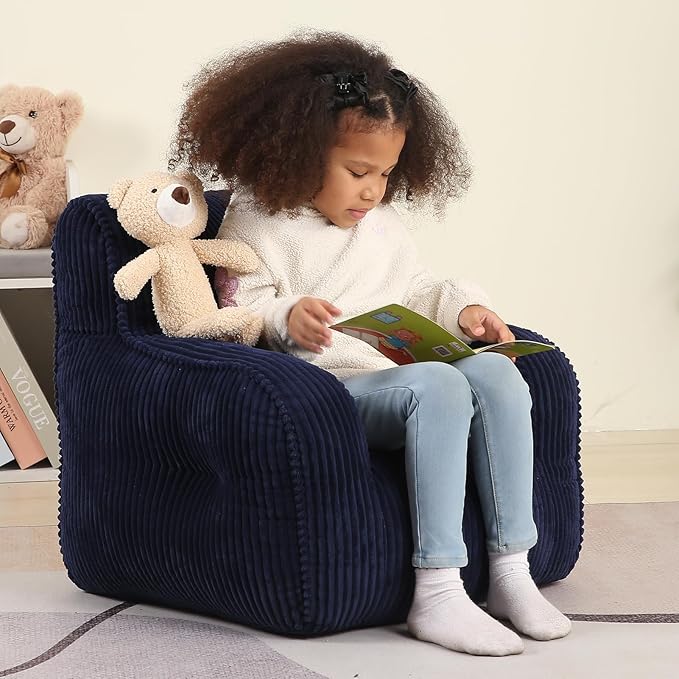Kids Bean Bag Chair with a Plush Bear, Comfy Toddler Chair for Boys and Girls, Dark Blue