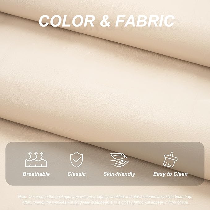 Hobestluk Giant Bean Bag Chair Lazy Floor Sofa, Memory Foam Fireside Sofa for Adults, Big Beanbag Faux Leather Armless Chair for Living Room Bedroom Dorm Office (Beige, Single)