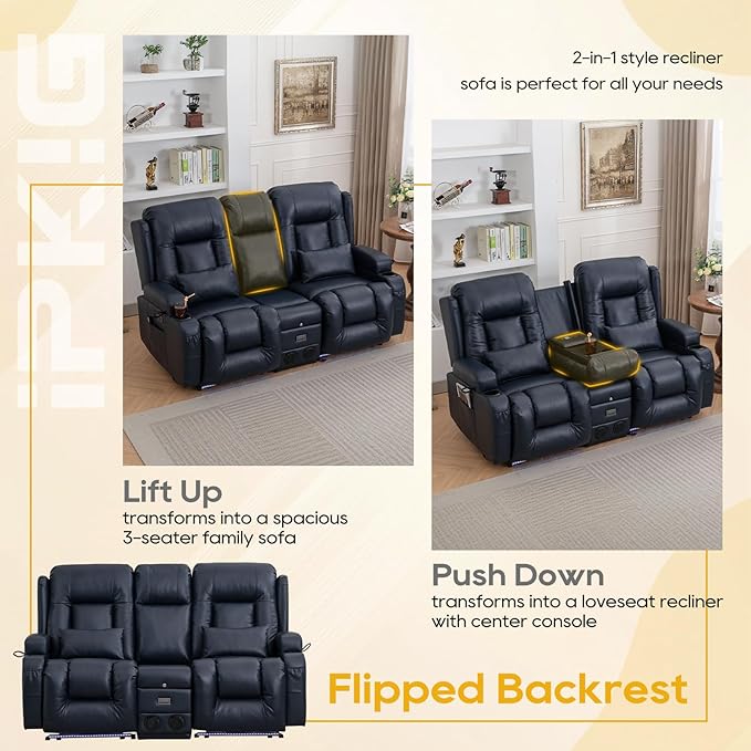 IPKIG 67" Power Reclining Loveseat Sofa, Electric Home Theater Seating with Console/4 Colors Ambient Lighting/Bluetooth Speakers/USB Ports/Built-in Outlets (Blue, Loveseat Recliner)