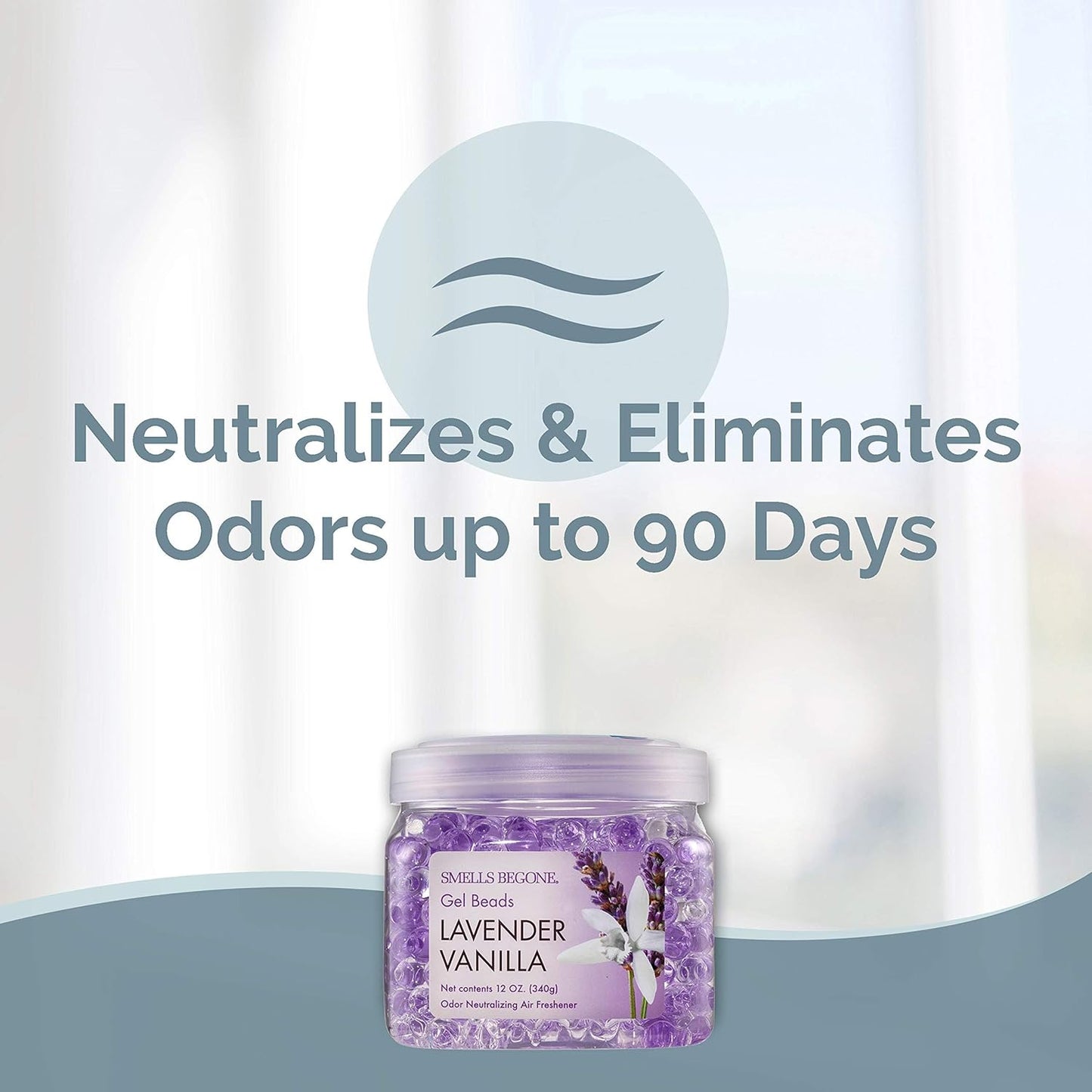 SMELLS BEGONE Odor Eliminator Gel Beads - 12 oz, Pack of 2 - Eliminates Odor in Bathrooms, Cars, Boats, RVs & Pet Areas - Air Freshener - Made with Essential Oils - Lavender Vanilla Scent