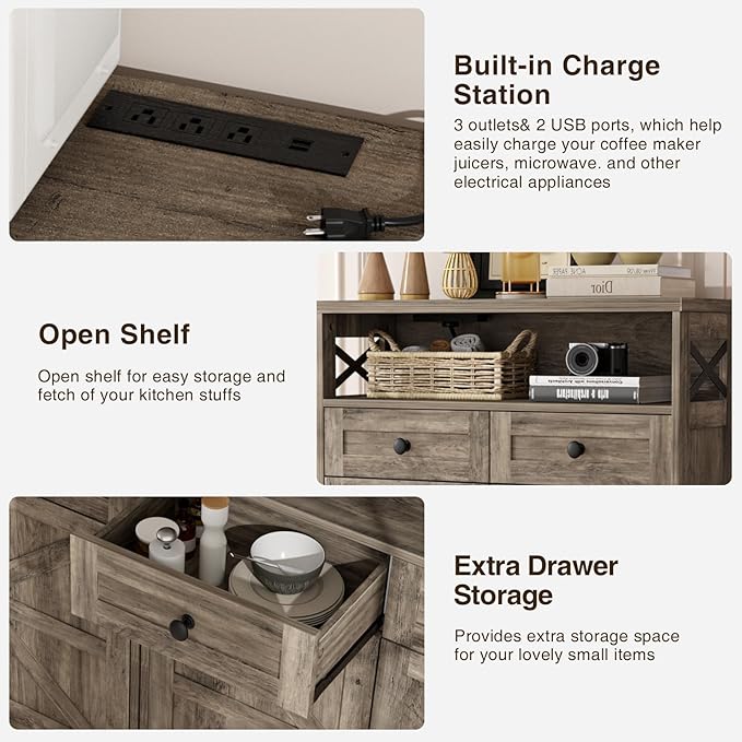 31.5" Rustic Grey Farmhouse Storage Cabinet with Barn Doors and Drawers, Sideboard Buffet Cabinet with Storage, Kitchen Pantry Hutch, Coffee Bar Station Table for Kitchen, Livingroom, Bathroom