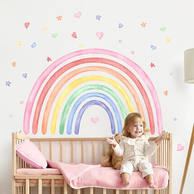 42" x 26" Rainbow Wall Decals Stickers for Girls Nursery Peel and Stick Watercolor Rainbow Hearts Stars Vinyl Wall Mural for Kids Toddlers Bedroom Playroom Classroom