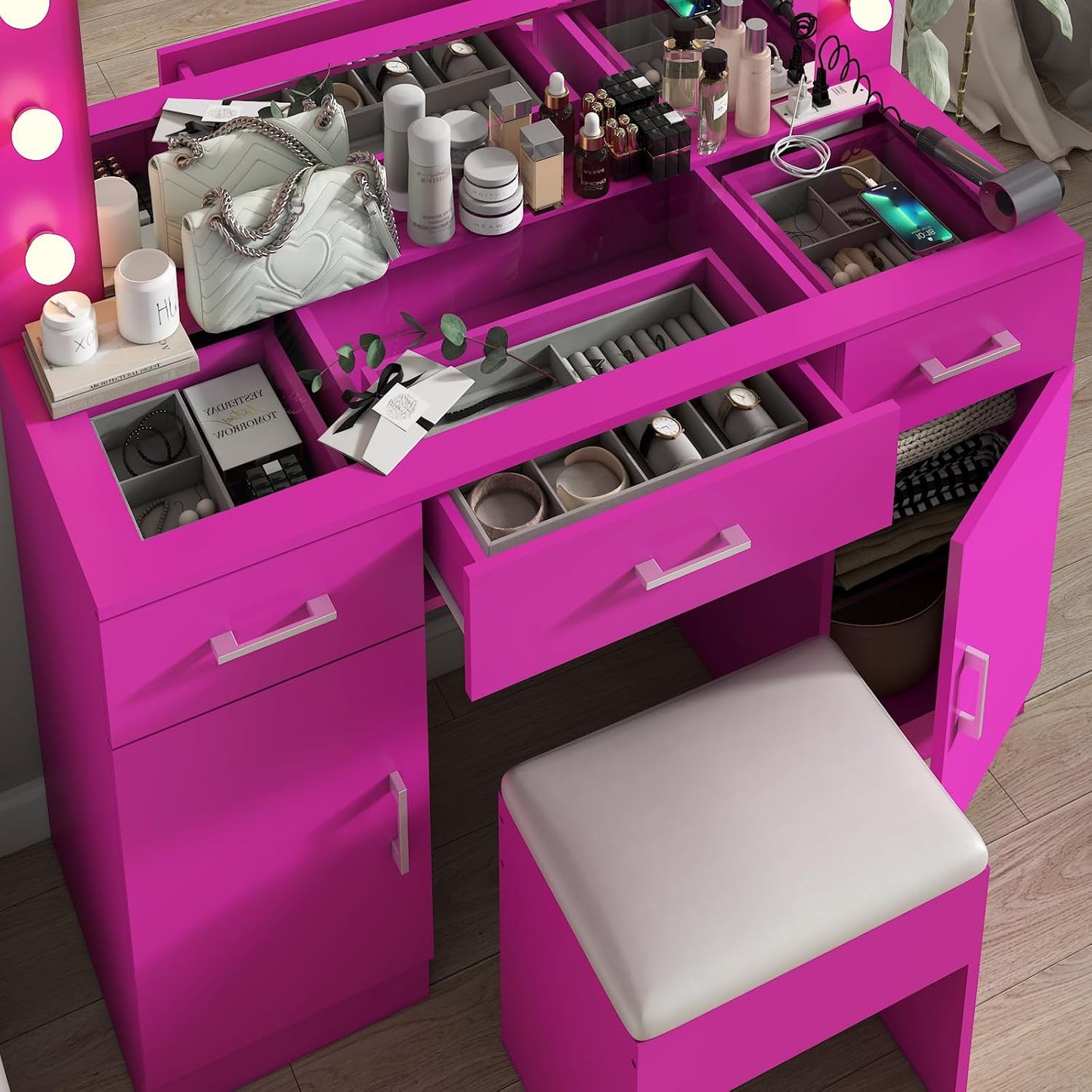 Karl home Vanity Desk with Large Lighted Mirror & Powre Outlet, Glass Tabletop Makeup Vanity Set with 3 Drawers & 2 Cabinet, 45.3" Make up Dressing Table with 12 Lights for Bedroom, Pink