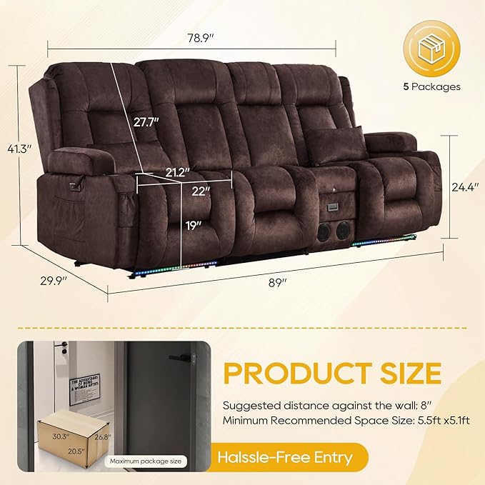IPKIG 89" Power Reclining Loveseat Sofa, Electric Home Theater Seating with Console/4 Colors Ambient Lighting/Bluetooth Speakers/USB Ports/Built-in Outlets (Brown, 3-Seater with Console)