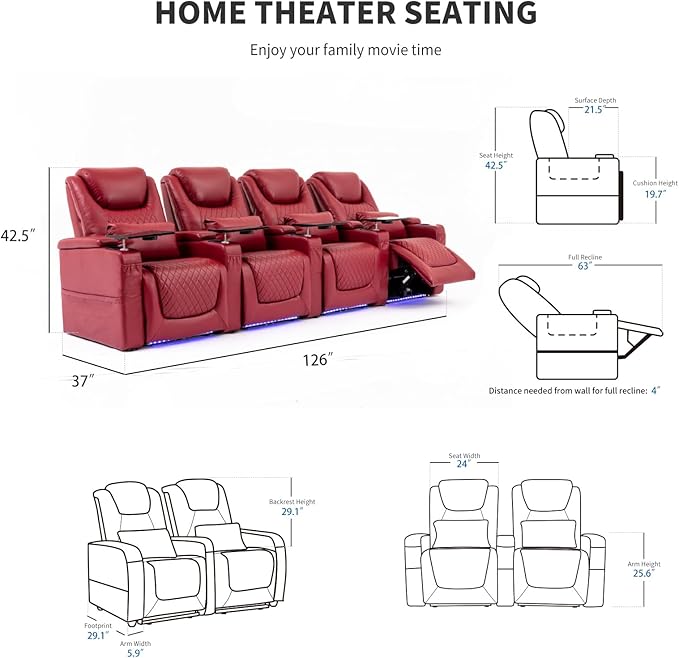Home Theater Seating Seats, Theater Recliner Chair Sofa Game Movie Theater Chairs with 7 Colors Ambient Lighting, Lumbar Pillow, Side Pocket, Tray Table, Power Recline, Red