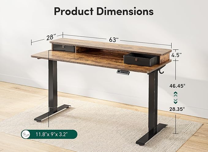 FEZIBO 63 x 28 Inch Deeper Height Adjustable Electric Standing Desk with Double Drawers, Sit Stand Up, Home Office Computer Desk with 4 Height-Adjustable Feets & 2 Hooks, Black Frame/Rustic Brown Top