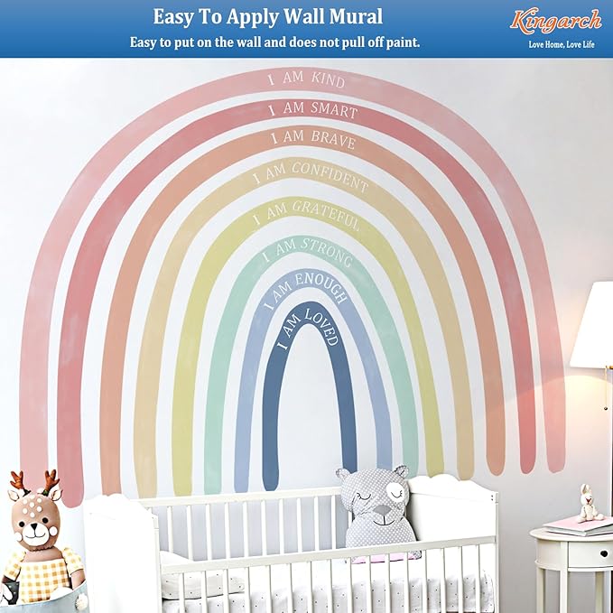 Large Watercolor Rainbow Wall Decals with Inspirational Quote, Colorful Peel and Stick Fabric Nursery Wall Decor, Removable Home Room Wall Murals Stickers for Kids Girls Toddler Bedroom Playroom