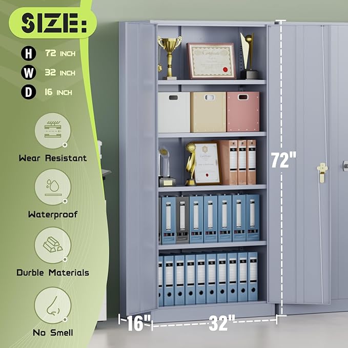 SUNCROWN 72" Metal Storage Cabinet - Heavy-Duty Metal Garage Cabinet with 4 Adjustable Shelves & 2 Doors for Tools, Office, Home, Workshop,Cement Grey-Small