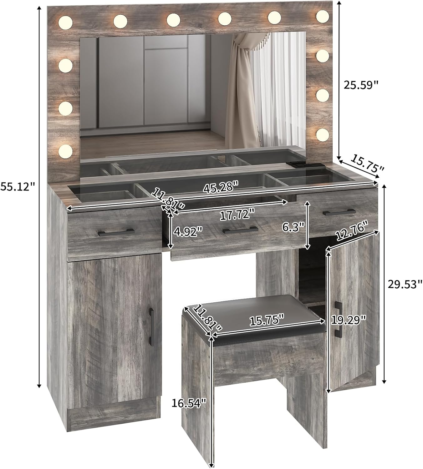 Karl home Vanity Desk with Large Lighted Mirror & Powre Outlet, Glass Tabletop Makeup Vanity Set with 3 Drawers & 2 Cabinet, 45.3" Make up Dressing Table with 12 Lights for Bedroom, Gray