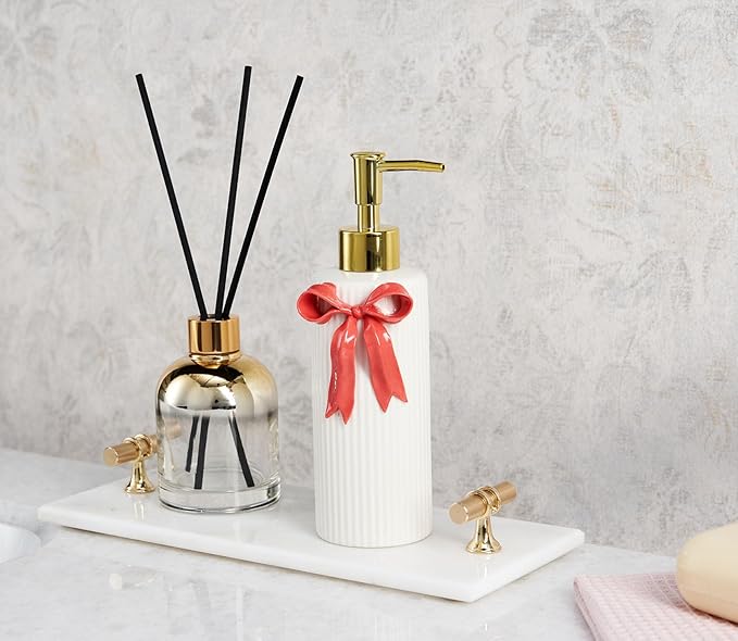 Handmade Ceramic Bow Soap Pump Dispenser Hand Lotion Liquid Dispenser Refillable for Kitchen and Bathroom Decorative (Ribbon Red)
