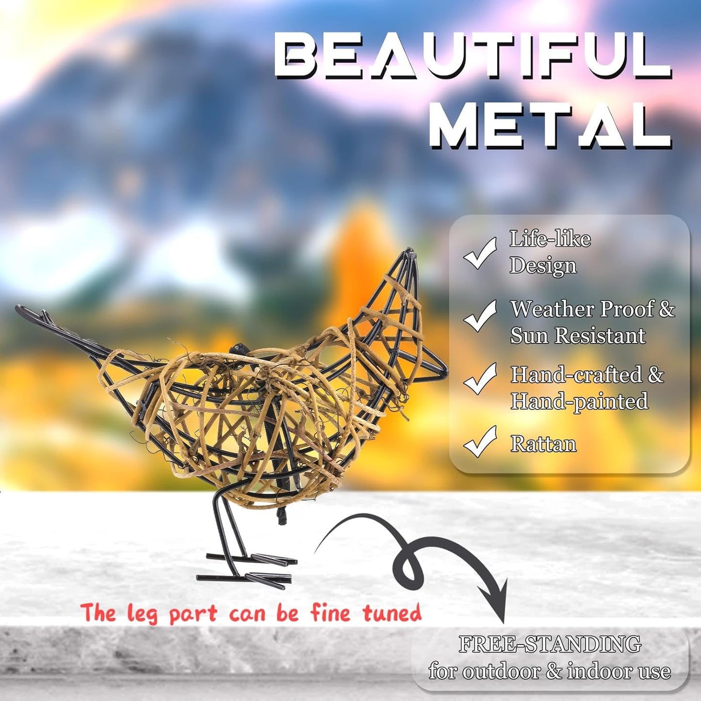 Natural Rattan Bird Sculptures Set of 2 - Handwoven Metal Wire Table Decor, Rustic Farmhouse Accent with Memo Clip & Christmas Ornament (6x5.5x2.3in)