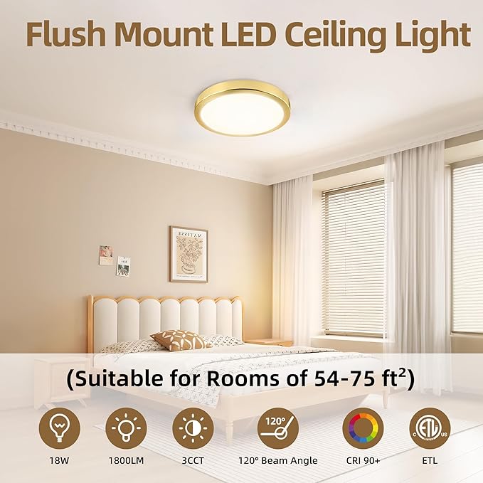 Hlite 4pack 9 Inch Flush Mount LED Ceiling Light Fixture,18W 1800LM Super Slim Light Fixtures Ceiling Mount 3000K/4000K/5000K 3CCT Selectable,Light Fixtures for Kitchen,Bedroom (Gold)