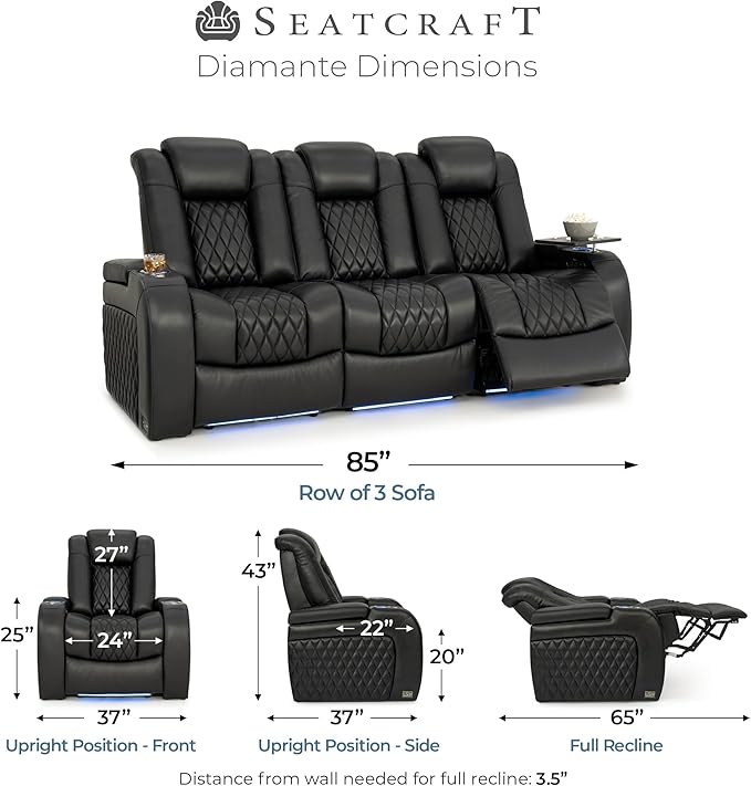 Seatcraft Diamante Zero-Gravity CoolZero Italian Leather Home Theater Seating, Power Headrest, Power Recline, Row of 3 Sofa, Black