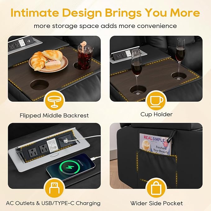 IPKIG 76.8" Power Reclining Sofa, Electric Home Theater Seating with Flipped Middle Backrest/LED Lighting/USB Ports/Built-in Outlets, Dual Recliner Sofa 3 Seater for Living Room RV (Black)