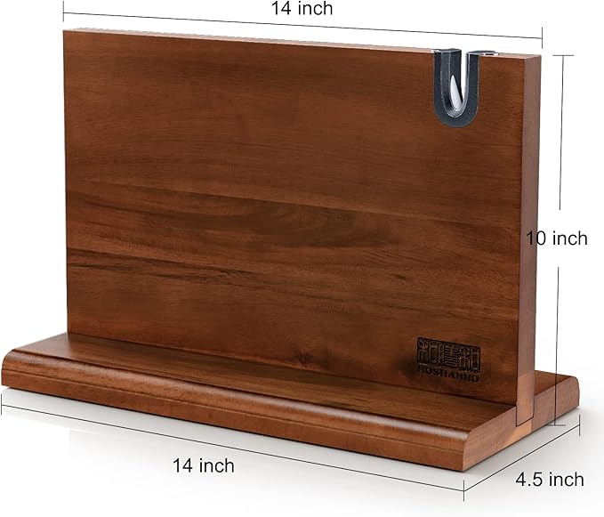 Magnetic Knife Block 14 x 10 Inches, Double Sided Magnetic Knife Holder Rack for Kitchen Counter, Acacia Wood Magnetic Knife Storage Stand with Knife Sharpener