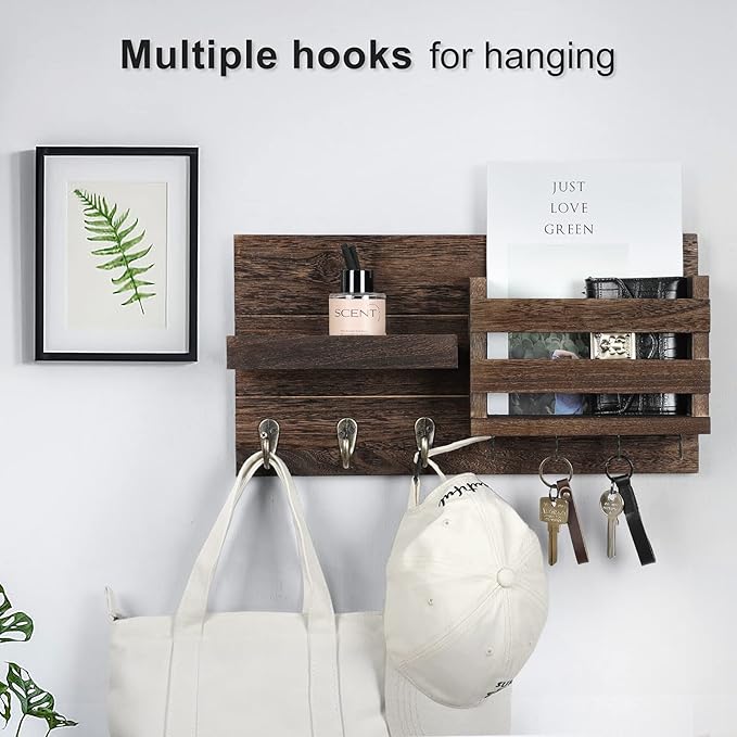 Mail Organizer for Wall Mount – Key Holder with Shelf Includes Letter Holder and Hooks for Coats, Dog Leashes – Rustic Wood with Flush Mounting Hardware (16.5” x 8.7” x 3.5”)