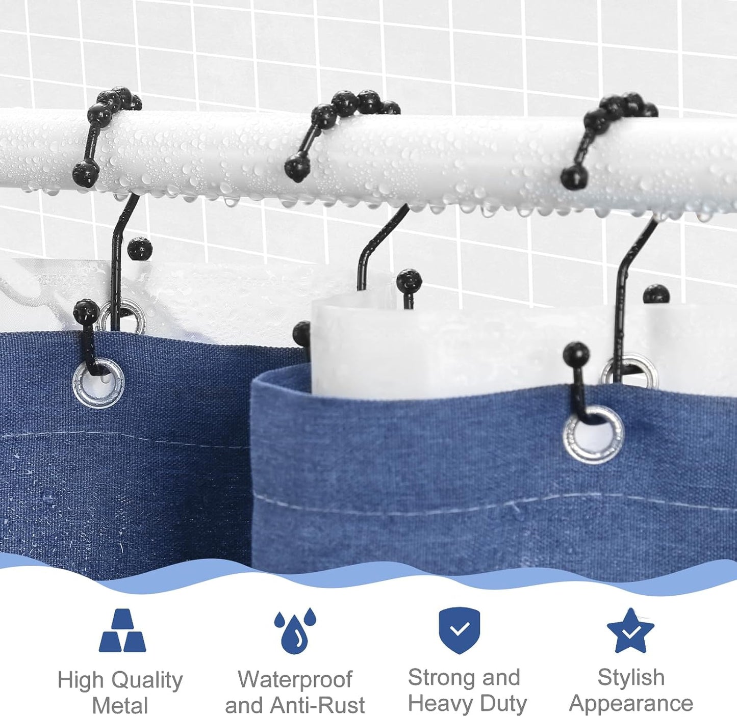 Shower Curtain Hooks, 12Pcs Shower Curtain Rings Rust Proof, Stepped Double Hook Shower Curtain Hooks, Easy Glide Metal Shower Hooks for Shower Curtain Bathroom Kitchen Wardrobe, Black