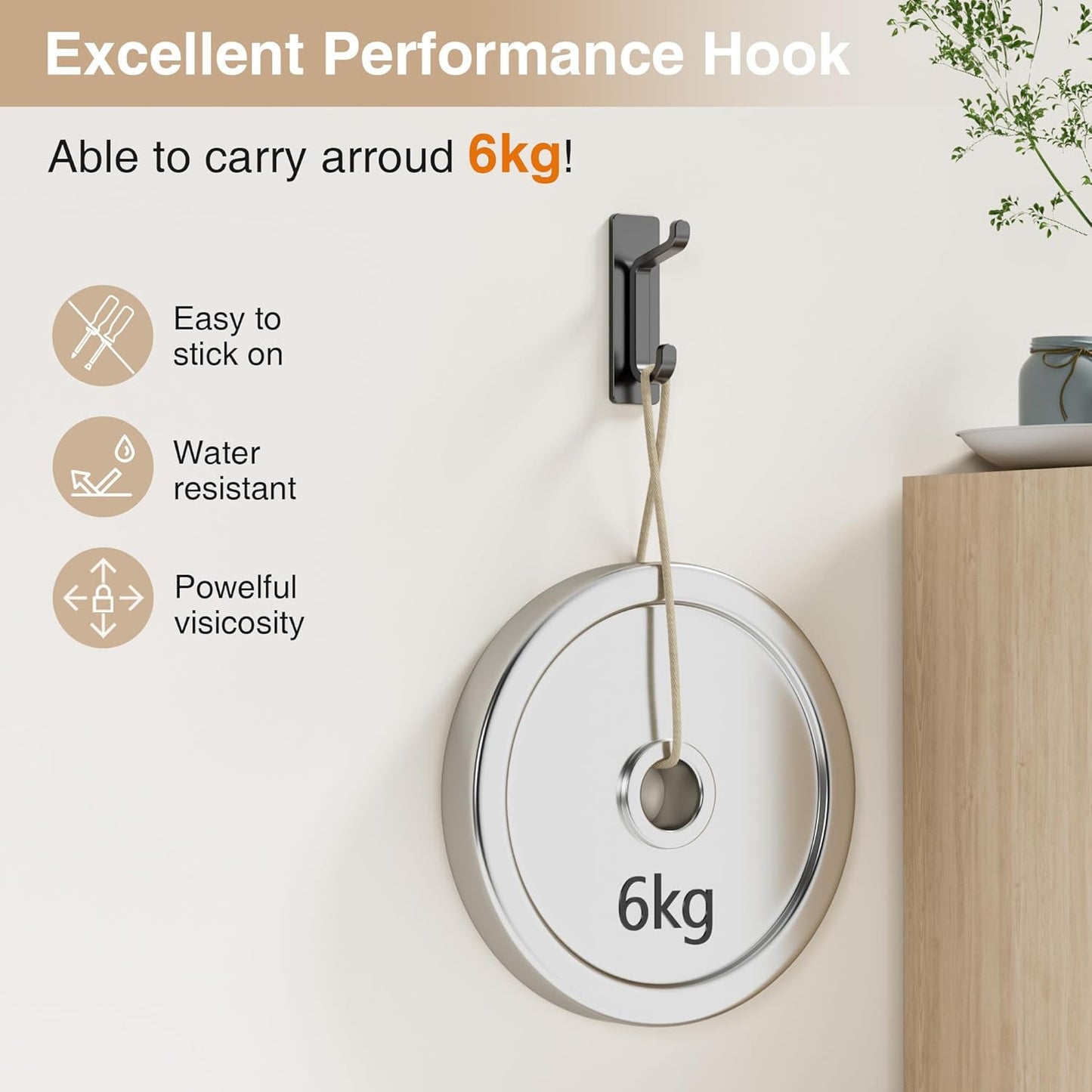 Self Adhesive Wall Hooks for Hanging: Extra Strong 13 LB, Hook for Coat, Towel in Bathrooms, Shower, Kitchen, Wall, Door Hook, Black 12 Pack