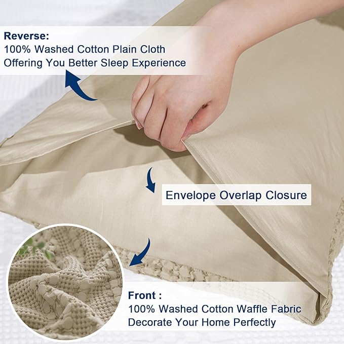 PHF Waffle Weave Pillow Shams King Size, 2 Pack 100% Cotton Pillowcases 20" x 36", No Insert, Soft & Breathable Aesthetic Woven Pillow Case Covers for Bedroom Decor, Khaki