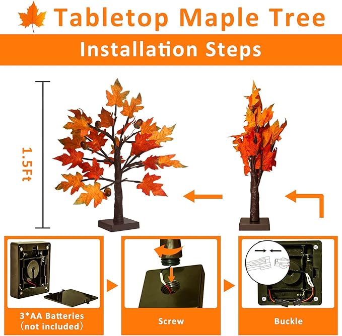 FastDeng 1.5ft Lighted Maple Tree-Artificial Fall Tree Light, Timer 36 LED Warm White Autumn Tabletop Tree Lights Battery Operated for Indoor Fall Harvest Home Decor, Thanksgiving Decorations (2Pack)