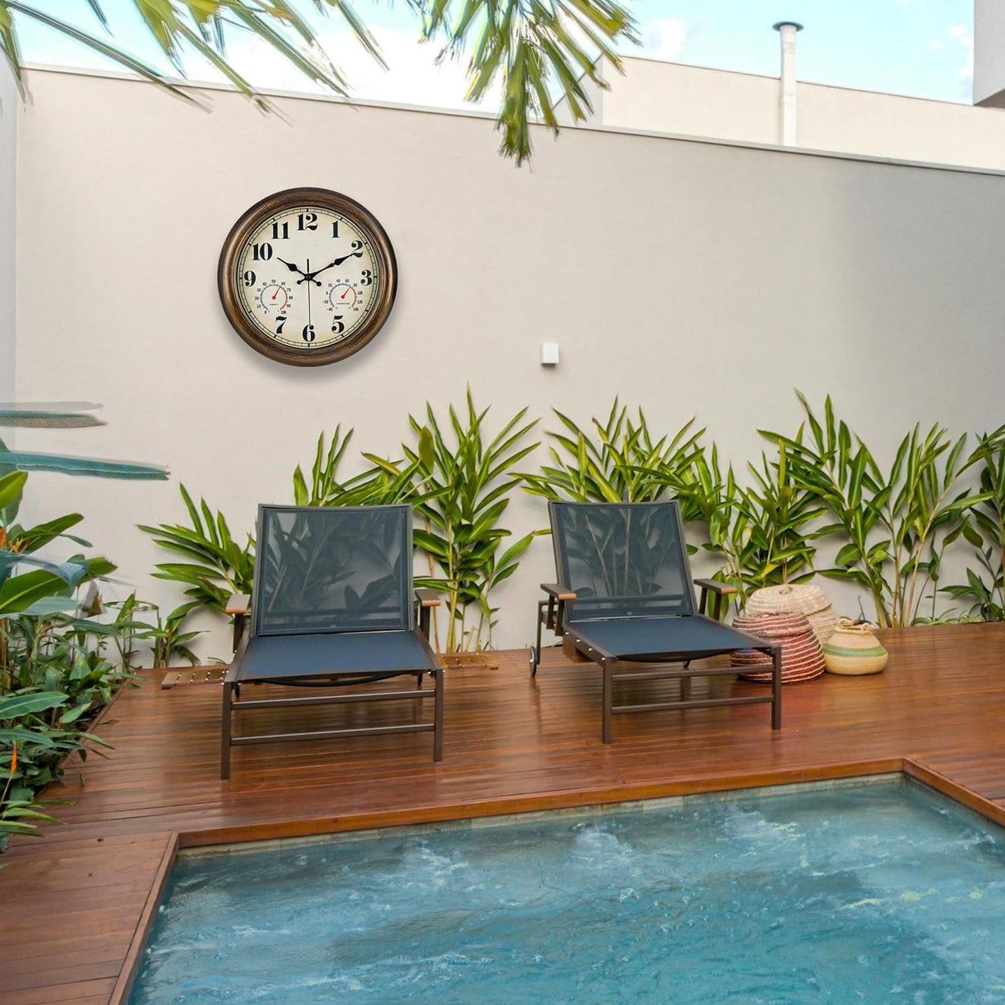 45MinST 13-Inch Vintage Outdoor Wall Clock with Thermometer and Hygrometer, Waterproof, Large Numbers, Silent, for Indoor and Outside Use,Porch,Garden,Pool(Bronze)