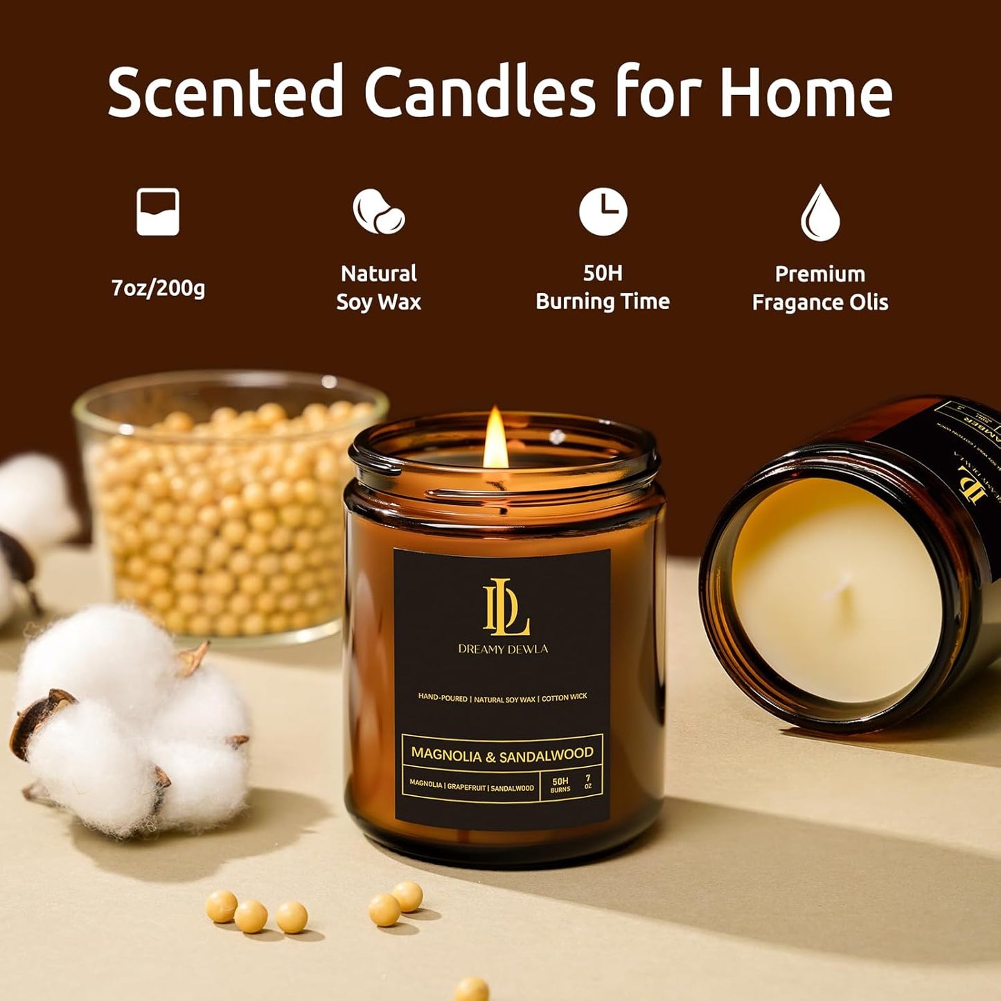 Magnolia & Sandalwood Scented Candles, Soy Candle for Home Scented, Candles Gift for Women Men, 7oz with 50 Hour Burn Time
