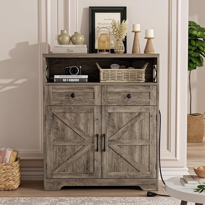 31.5" Rustic Grey Farmhouse Storage Cabinet with Barn Doors and Drawers, Sideboard Buffet Cabinet with Storage, Kitchen Pantry Hutch, Coffee Bar Station Table for Kitchen, Livingroom, Bathroom