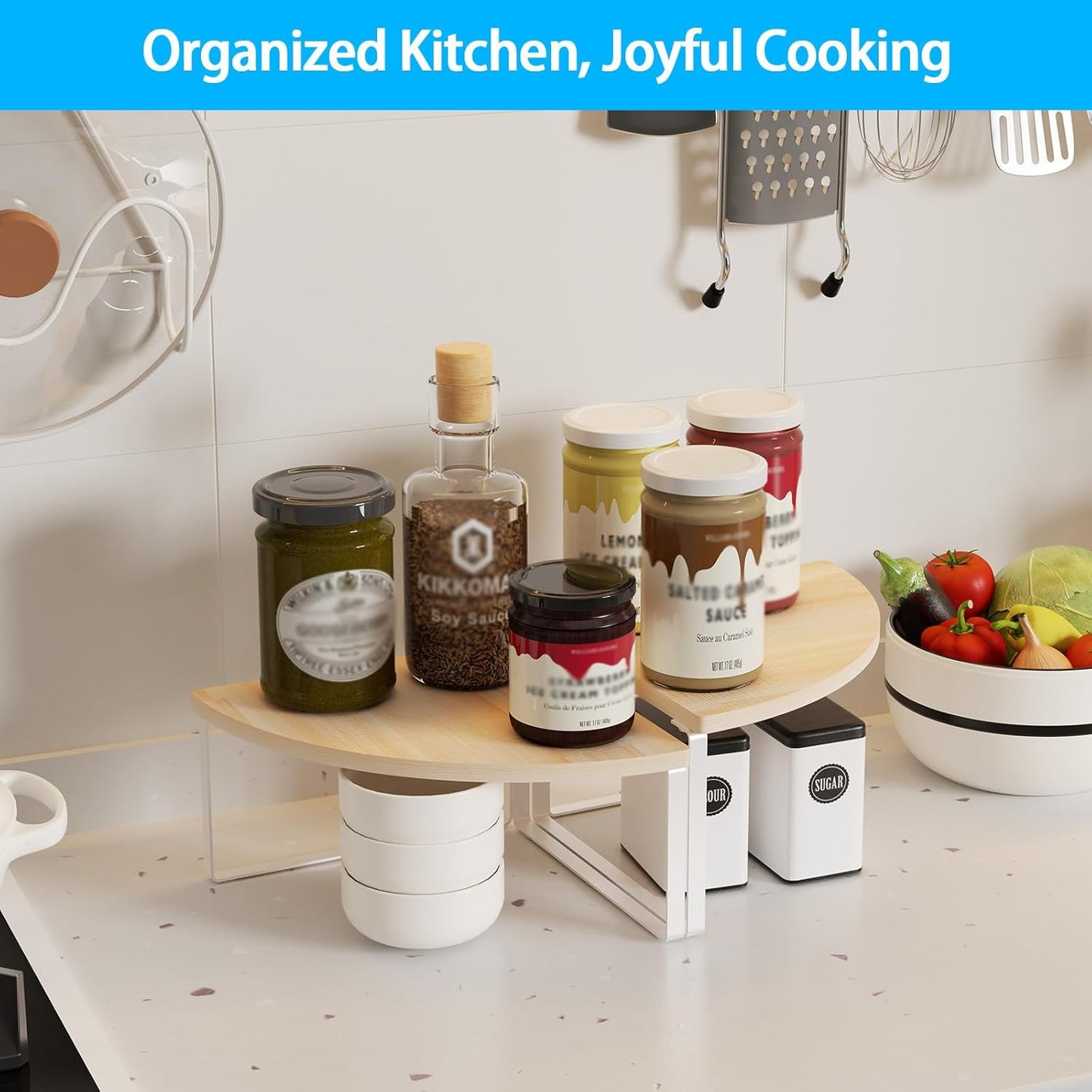 Corner Shelf Countertop Organizer - Set of 2 Corner Shelves for Kitchen Cabinet Organizer, Spice Rack, Stackable Bathroom Stand and Storage, Sink Rack, Corner Cabinet, Counter Decor, Natural Beige