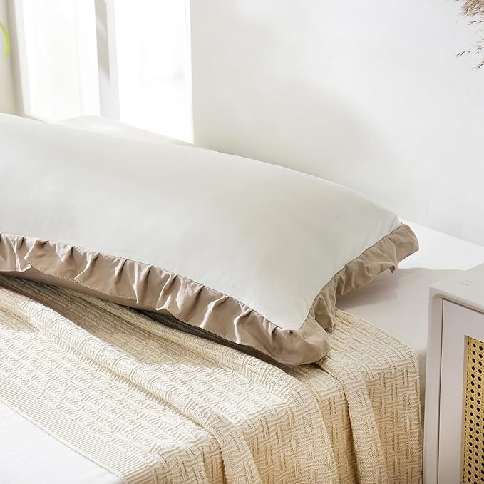 Merryword Taupe Body Pillow Cover 20x54inches White and Taupe Reversible Long Pillowcase Ruffled Body Pillowcases Cute Pillowcase Pillow Sham (1 Body, White Taupe)