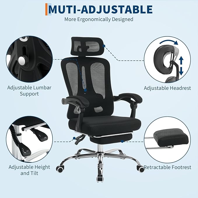 Ergonomic Office Chair, Adjustable Headrest and Lumbar Support, Retractable Footrest, HomeOffice Computer Executive Desk and Chair with Wheels for Home Office,Black