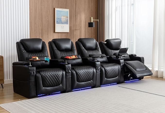 Home Theater Seating Seats, Theater Recliner Chair Sofa Game Movie Theater Chairs with 7 Colors Ambient Lighting, Lumbar Pillow, Side Pocket, Tray Table, Power Recline, Black