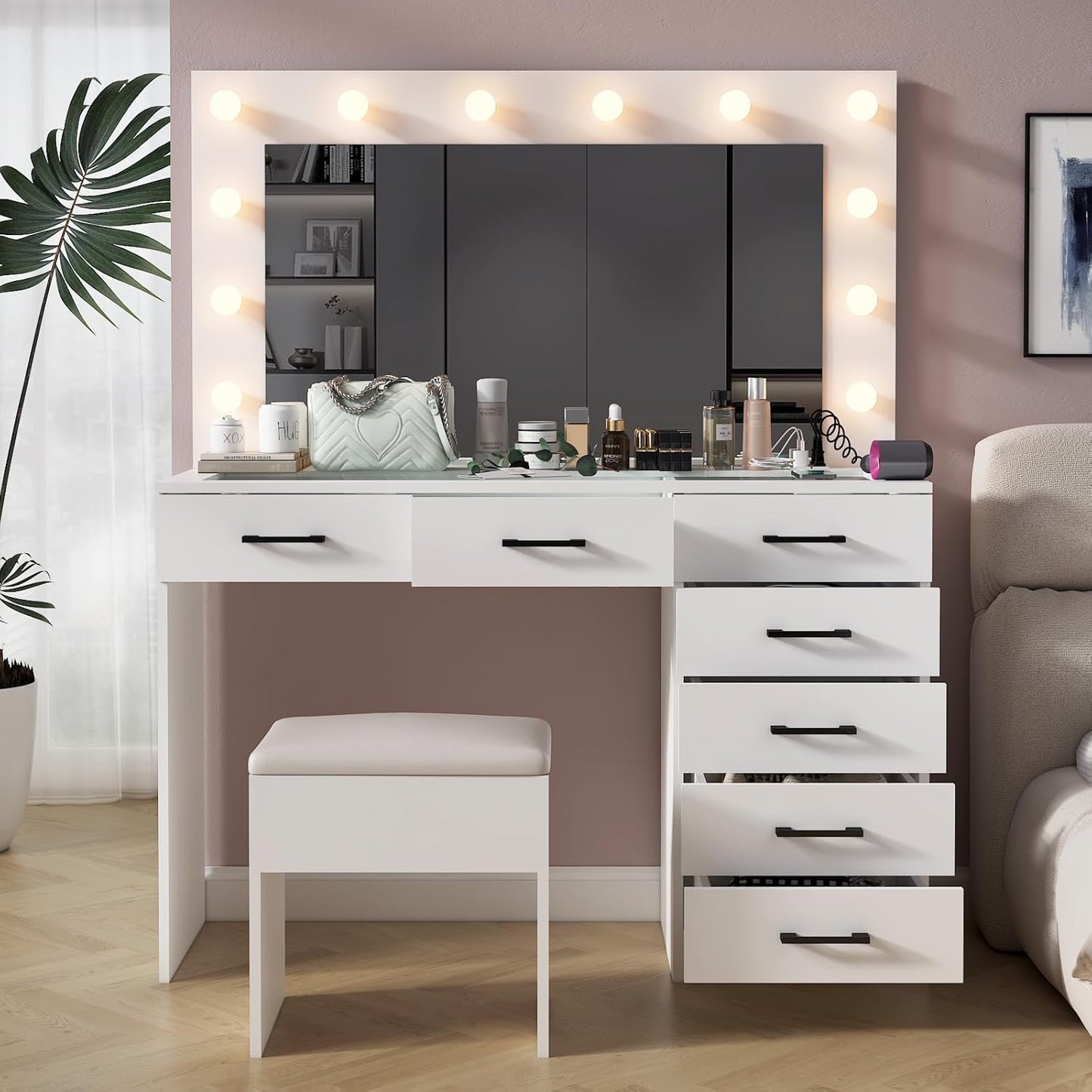 Karl home Vanity Desk with Large Lighted Mirror & Powre Outlet, Glass Tabletop Makeup Vanity Set with 7 Drawers, 45.3" Vanity Table with 3 Color Lighting Modes, Dressing Table for Women Girls, White