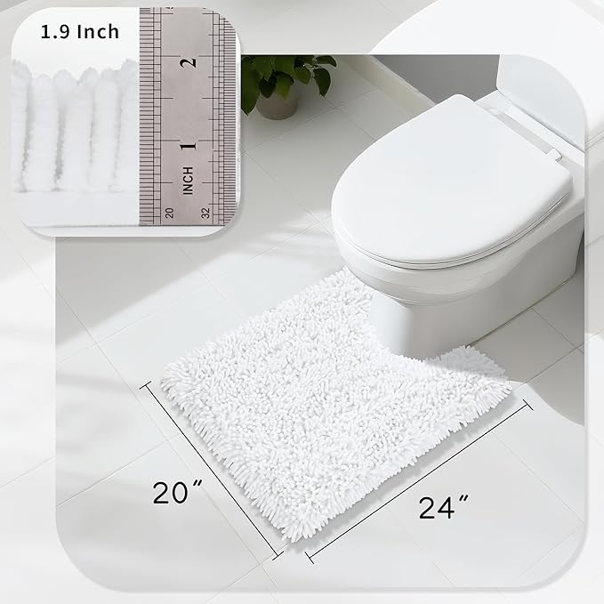 Yimobra Toilet Rugs U Shaped Washable, Extra Thick Soft Absorbent Chenille Contour Bathroom Rugs for Toilet 24x20 Inch, Quick Dry Non Slip Toilet Mat for Bath Floor, White