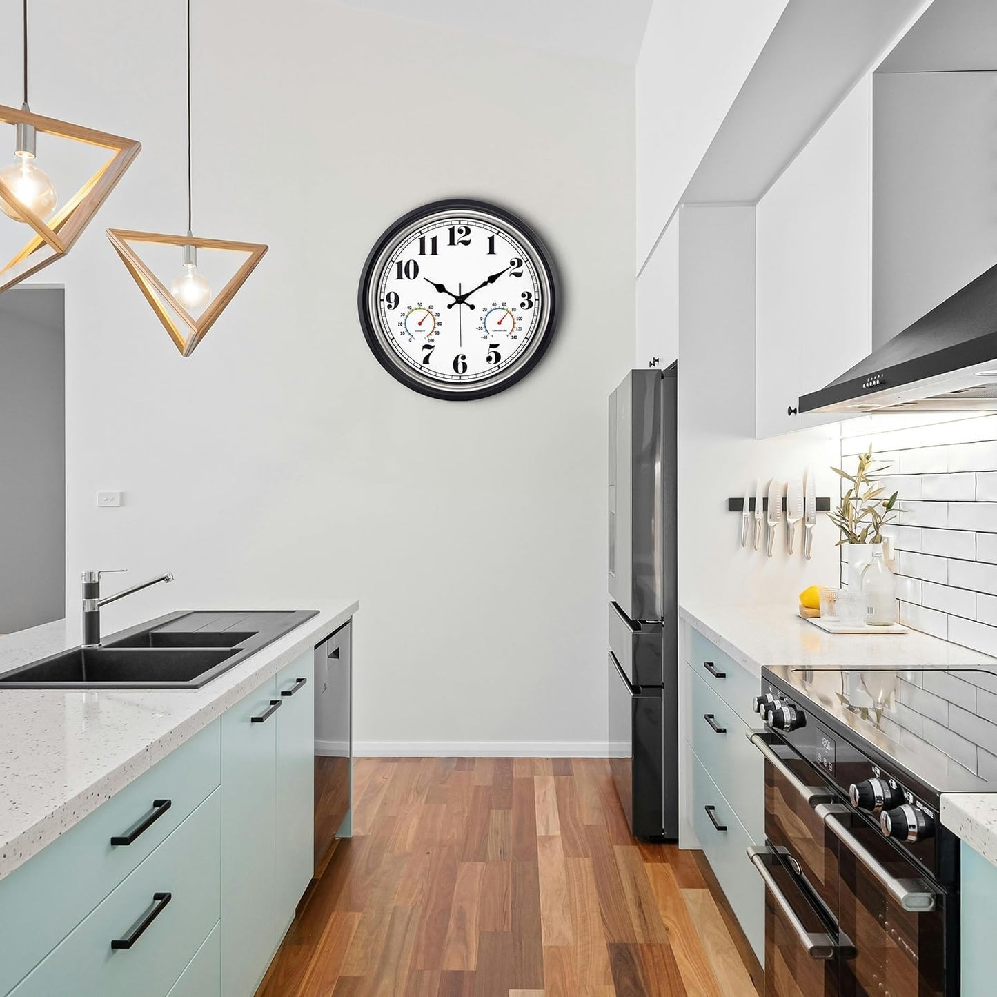 45MinST 16 Inch Silver Vintage Large Indoor/Outdoor Waterproof Wall Clock with Thermometer & Hygrometer, Silent Non-Ticking Quartz Timepiece for Home, Porch, Garden