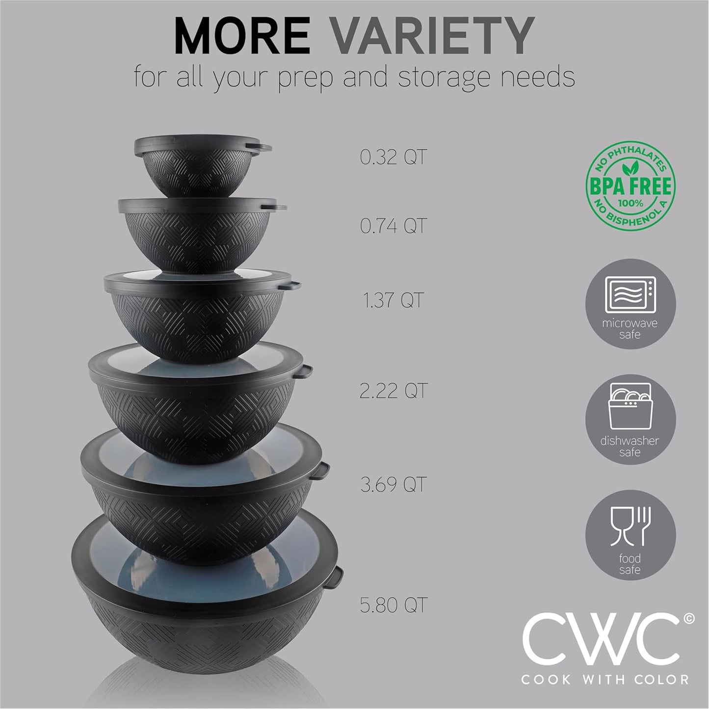 COOK WITH COLOR Mixing Bowls with Lids - 12 Piece Plastic Nesting Bowls Set includes 6 Prep Bowls and 6 Lids, Rhombus Design - Microwave Safe (Black)