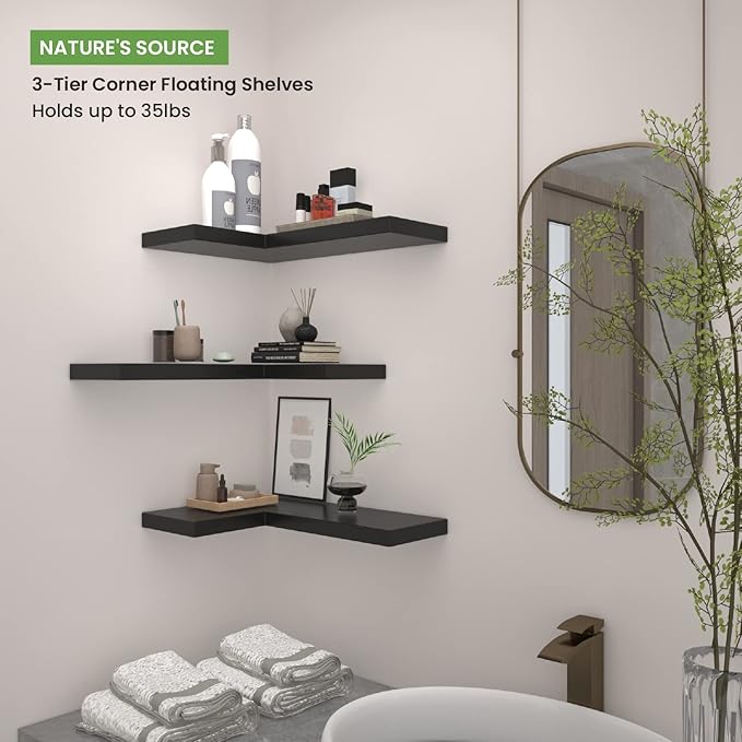 NATURE'S SOURCE Corner Floating Shelves with Invisible Brackets, Corner Shelves Wall Mounted Set of 3, Bedroom Bathroom Kitchen Living Room Office- Gothic Style 16.6" x 6" (Black)