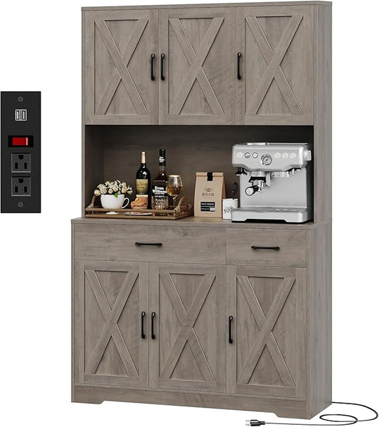HOSTACK 71" Pantry Cabinet with Charging Station, Tall Kitchen Pantry Storage Cabinet with Microwave Stand, Farmhouse Kitchen Hutch with Storage Drawers for Living Room, Dining Room, Ash Grey