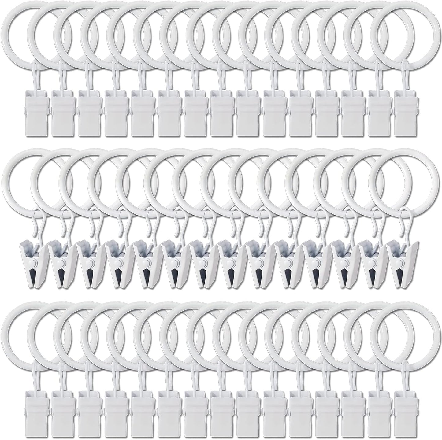 44 Pack Metal Curtain Rings with Clips, Drapery Clips with Rings, Drapes Rings 1 inch Inner Diameter, Fits Diameter 5/8 inch Curtain Rods, White