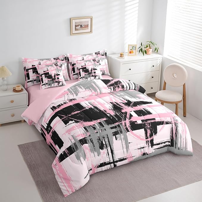 Pink Grey Black Comforter Set Full Size Kids Abstract Art Comforter for Boys Modern Striped Art 7 Pieces Bedding Set Geometric Duvet Set Room Decor Quilt Set