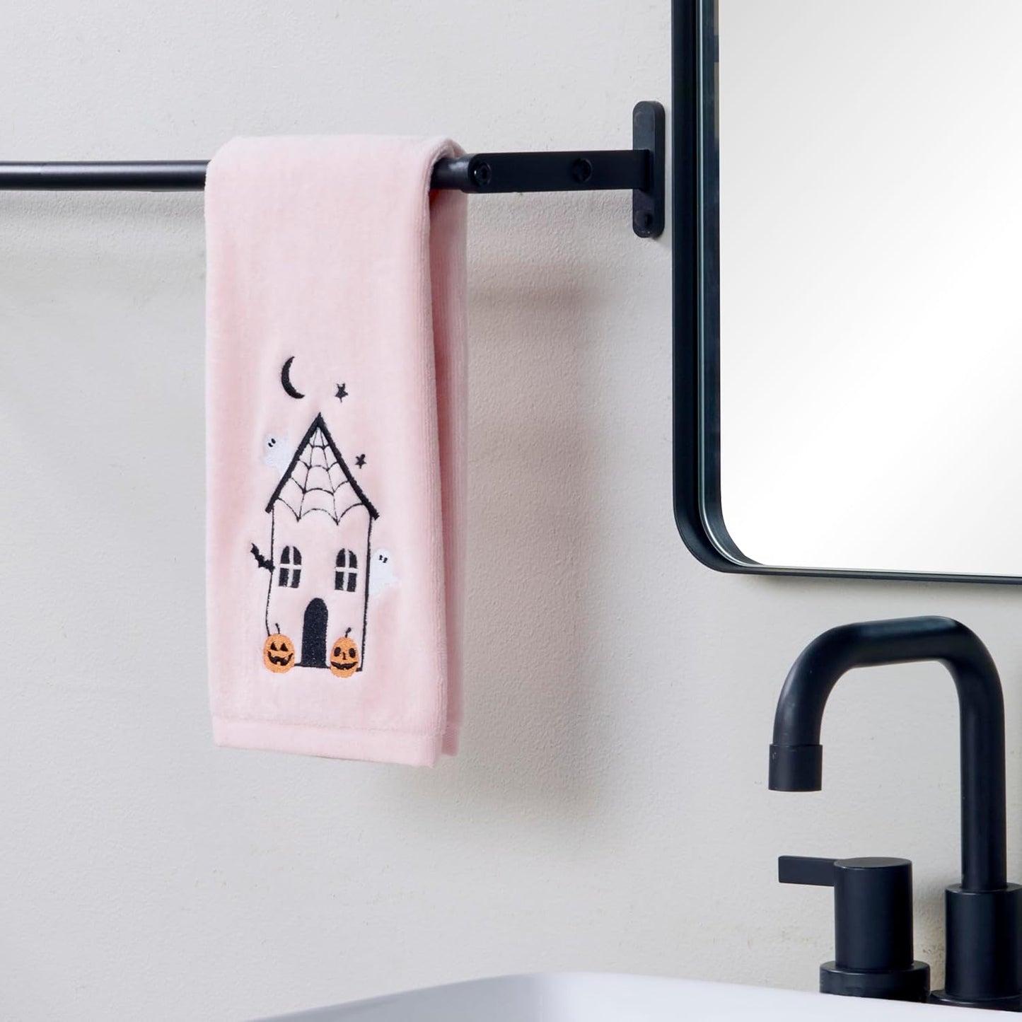 SKL Home Halloween Haunted House 100% Cotton Embroidered 2pc Hand Towel Set, Decorative for Bath/Kitchen/Bar & Gift, Pink