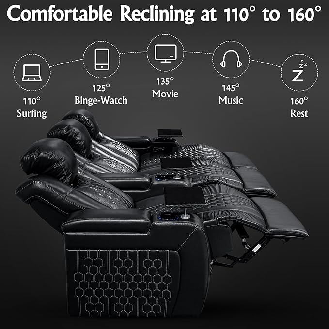 Home Theater Seating, Living Room, Powered Headrest, Powered Lumbar, Italian Leather, Powered Recline, Single Recliner (Black, Row of 3 Loveseat Right)