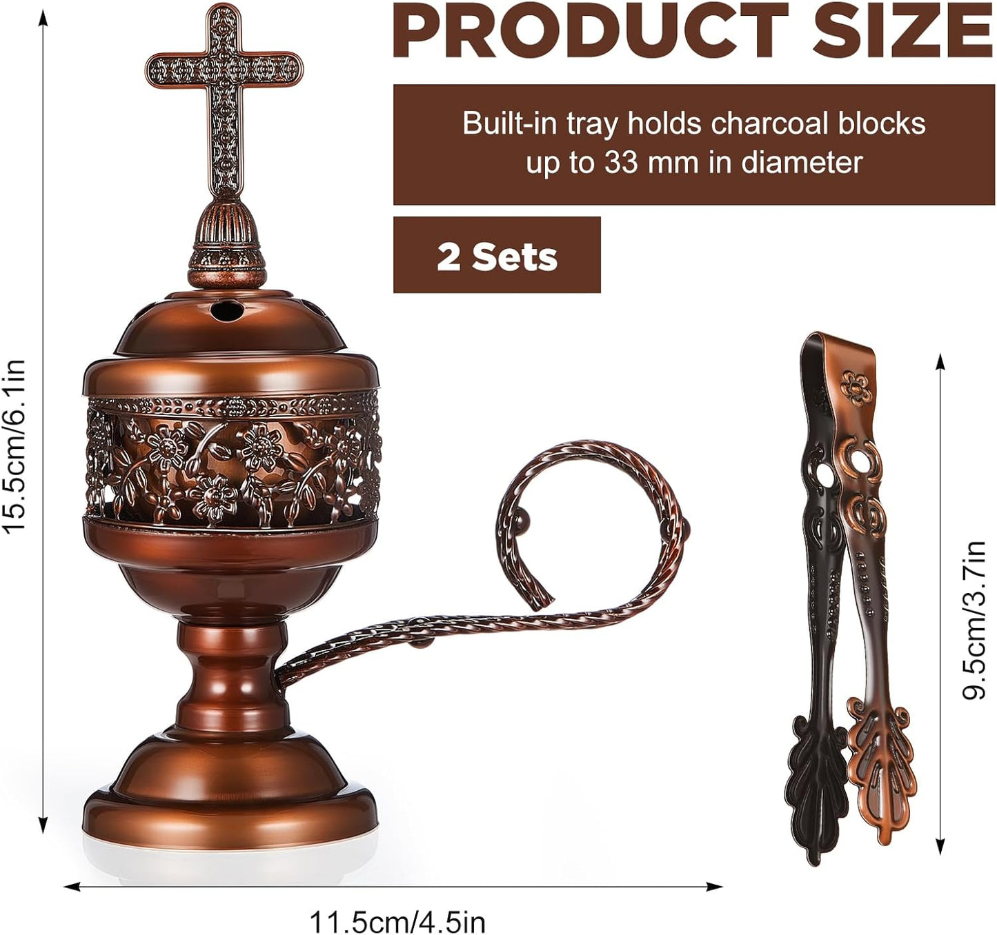 Zonon 2 Sets Incense Burner with Tong, Frankincense Charcoal Incense Stand Holder, Ideal for Yoga, Spa, Aromatherapy, Home and Christian Church Censer(Red Copper)