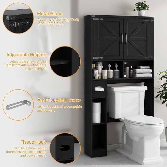 Over The Toilet Storage Cabinet, Farmhouse Storage Cabinet Over Toilet with 2 Barn Doors && Toilet Paper Holder Stand，Home Space-Saving Toilet Rack, for Laundry, Restroom, Bathroom.Pure Black