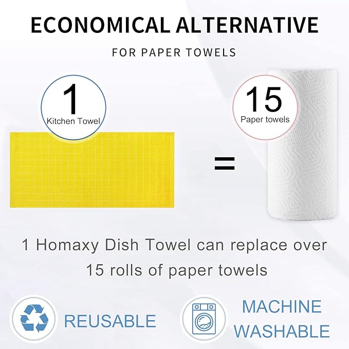 Homaxy 100% Cotton Terry Kitchen Towels(Yellow, 13 x 28 inches), Checkered Designed, Soft and Super Absorbent Dish Towels, 8 Pack
