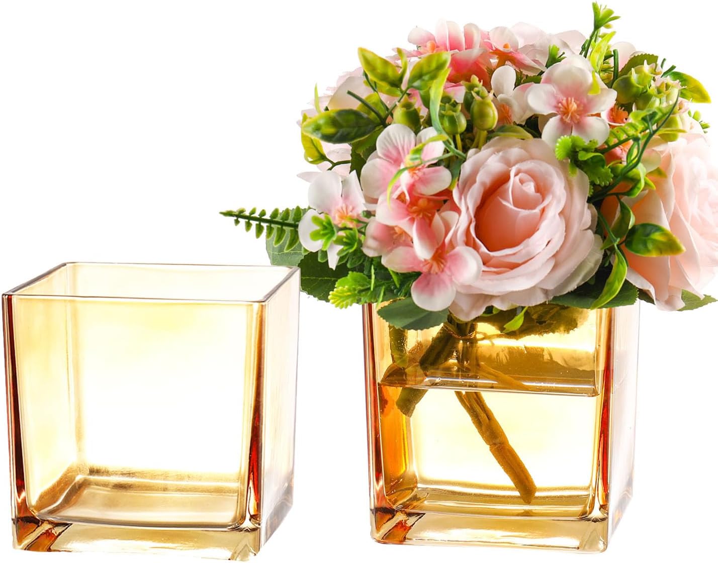 Square Amber Glass Vases Set of 2, 6" x 6" x 6" Square Vase for Centerpieces, Flower Vases for Centerpieces, Small Vase for Wedding, Party, Home Office Decoration